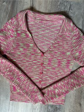 Say What Y2K Cropped Collar Top Pink & Lime Green Space Dye Knit Size M EUC